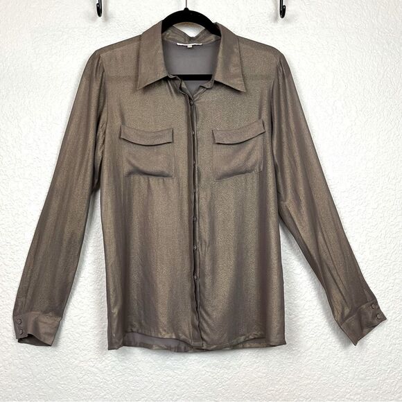 Gold Hawk 100% Silk Sheer Button Down Top in Gold Shimmery Taupe size Small - Picture 1 of 15